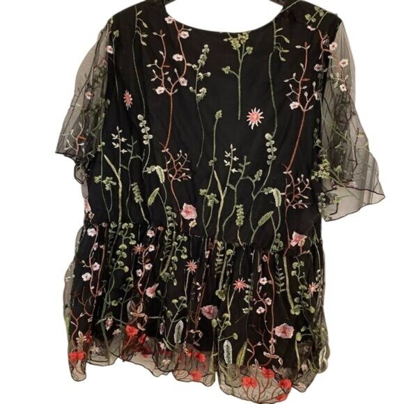 Bloomchic Black Floral Embroidered Mesh Blouse Plus Size5XL VNeck Short Sleeves - Picture 3 of 5
